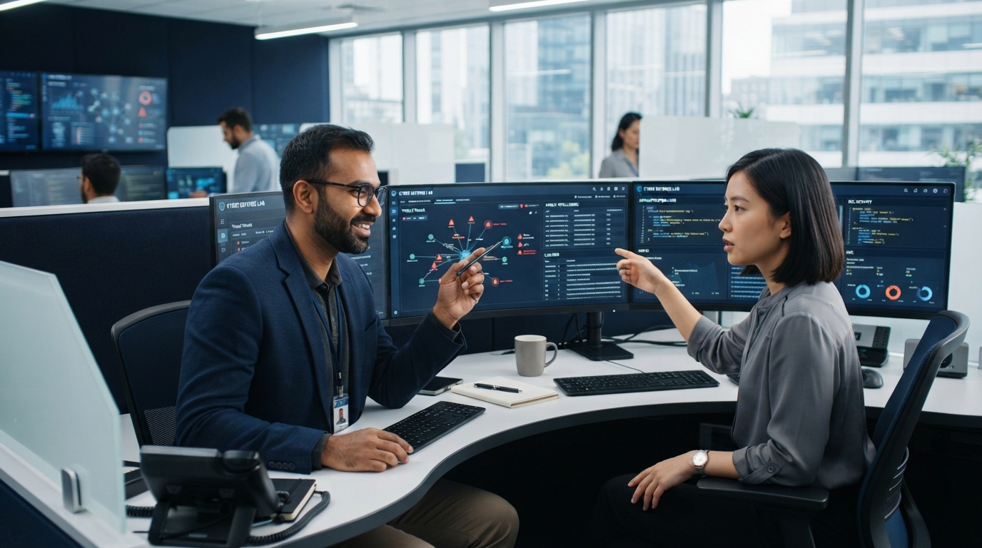 Two elite cybersecurity specialists collaborating on a client engagement